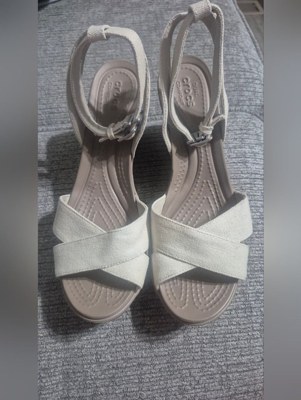 CROCS Women's Cream Canvas Crossover Ankle-Strap Sandals